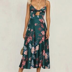 Spaghetti Strap Midi Satin Dresses Tie Front Backless Split Hollow Dress